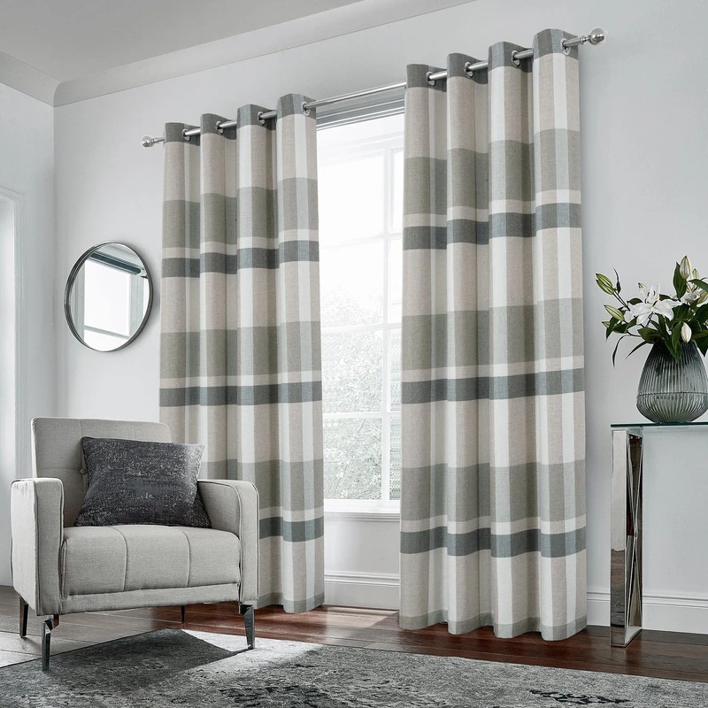 always4u 100% Blackout Curtains for Bedroom Living Room Wool Look Sage Green Tartan Eyelet Thermal 2 Panels 45 x 84 cm Sage Green