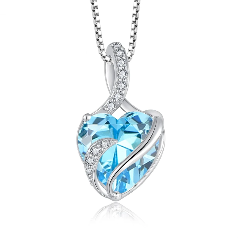 FJ 925 Sterling Silver March Aquamarine Heart Necklace Gift for Her