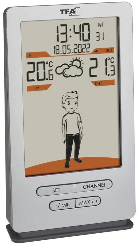 TFA Dostmann Weather Jack Wireless Weather Station 35.1166.54, Outdoor and Indoor Temperature, Weather Forecast, with Clothing Suggestions, Radio Clock, Silver, 146 x 82 x 27 (47) mm