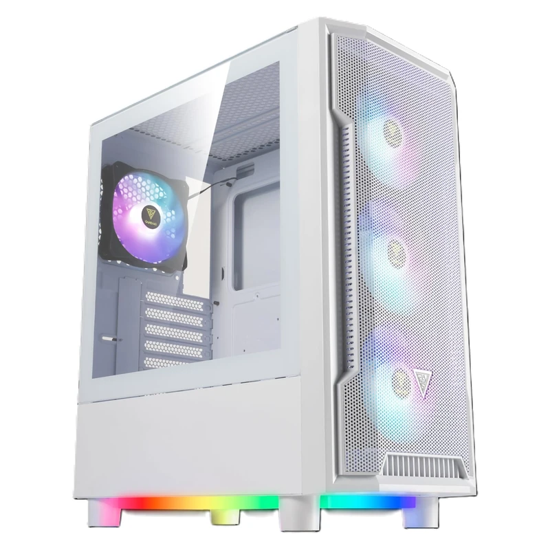 GAMDIAS PC Case, ATX Gaming Mid Tower, Tool-Free Tempered Glass Side Panel, Pre-install 4 x 120 ARGB Fan, Airflow Mesh Front, 3 sided Underglow, White
