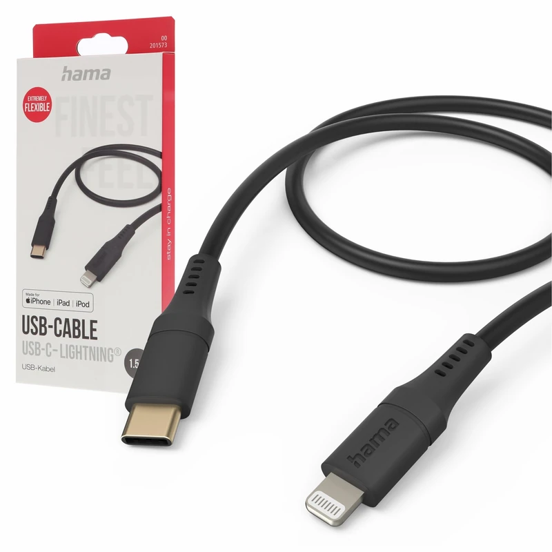 Hama Charging Cable Flexible USB C to Lightning, Silicone, 1.5 m (iPhone Charging Cable, Lightning Cable, iPhone 14 13 12 11 Pro Max Plus Mini SE XS Max XR X 8 7, iPad Pro Air Mini, MFI Certified)