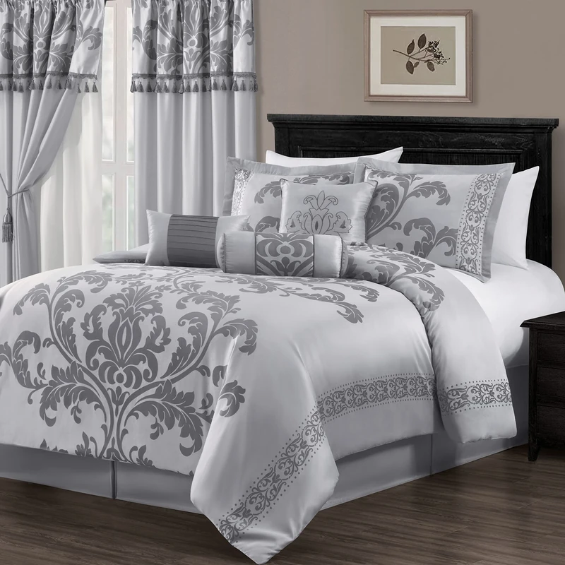 Chezmoi Collection Royale 7-Piece Comforter Set, Polyester, Silver/Gray, Queen