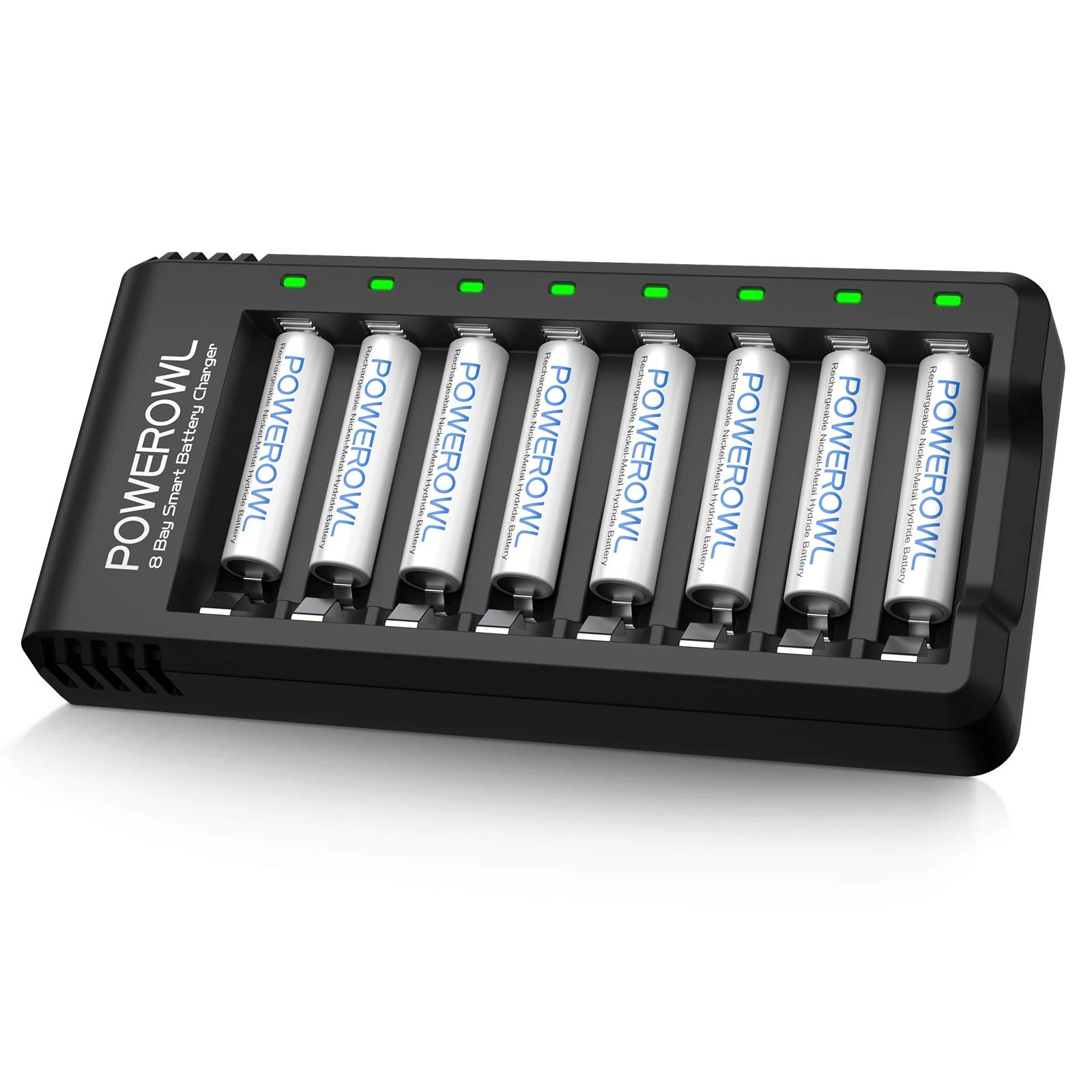 POWEROWL 8 Pcs AAA 1000mAh Rechargeable Batteries and Charger 8 Slot Battery Charger, USB Fast Charging, Input DC 5V 2A, Output 1.4V 250mA, Independent Slot
