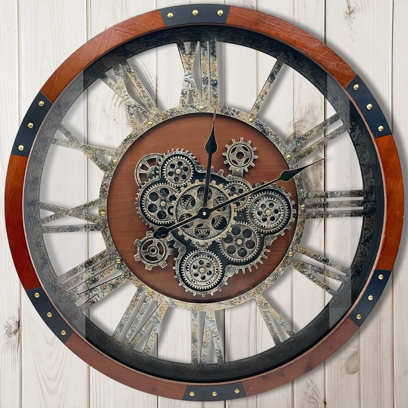 DORBOKER 24" Original Moving Gears Wall Clock, Large Industrial Wall Clock for Living Room Decor,Oversized Wood Vintage Farmhouse Steampunk Rustic Clocks for Wall Decor,Black Walnut