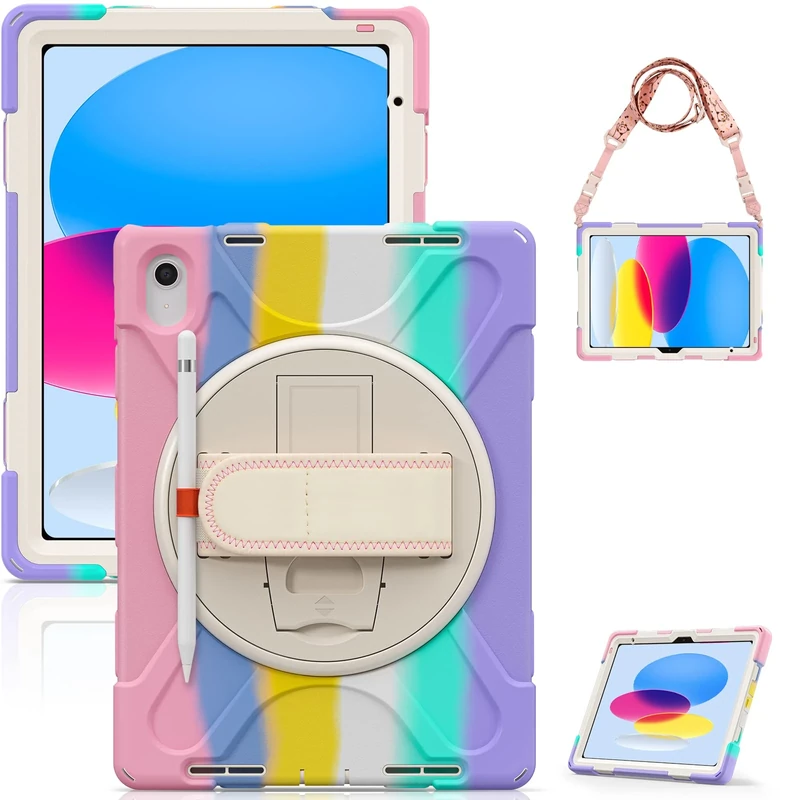 Gerutek for iPad 11th/10th Generation Case, Case 11th/10th Generation Shockproof with 360 Rotating Hand Strap, Adjustable Stand&Shoulder Strap,Heavy Duty Rugged iPad 11th/10th Gen Cover,Pink