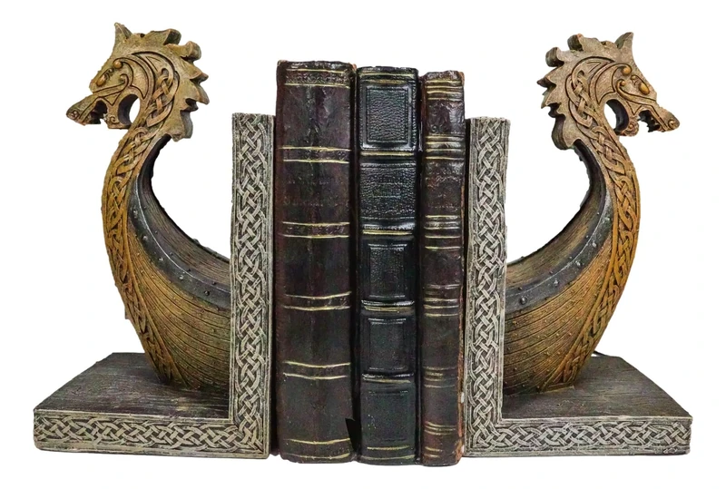 Ebros Gift Nautical Coastal Sea Kingdom Scandinavian Viking Dragon Longship Prow Ship Bookends Set of Two Figurines Ancient Legends Library Office Study Desk Shelf Bookend Sculptures
