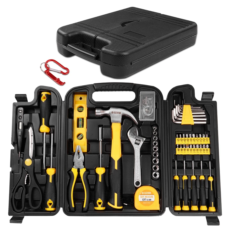 Elevon 94-Piece Yellow Household Tool Set, Tool Set with Storage Box, DIY Basic Tool Set, with Two Additional Accessories, Suitable for Home, Office, School and Furniture