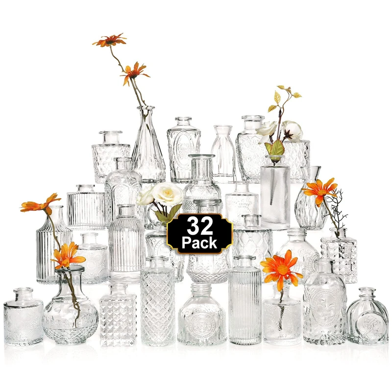 Arme Glass Bud Vase Set of 30 Pcs，Small Glass Vases for Flowers，Clear Bud Vases in Bulk，Vintage Vases for Centerpieces，Small Glass Bud Vase for Rustic Wedding Decorations，Home Table Flower Decor