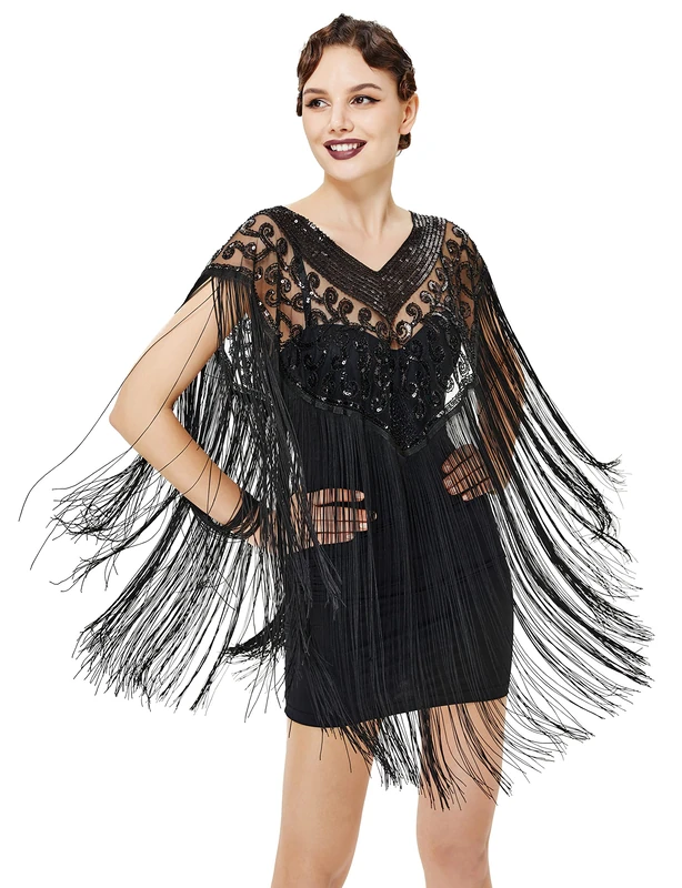 BABEYOND 1920s Shawl Wraps Long Fringed Evening Cape Sequin Beaded Party Shawl, Black, One Size