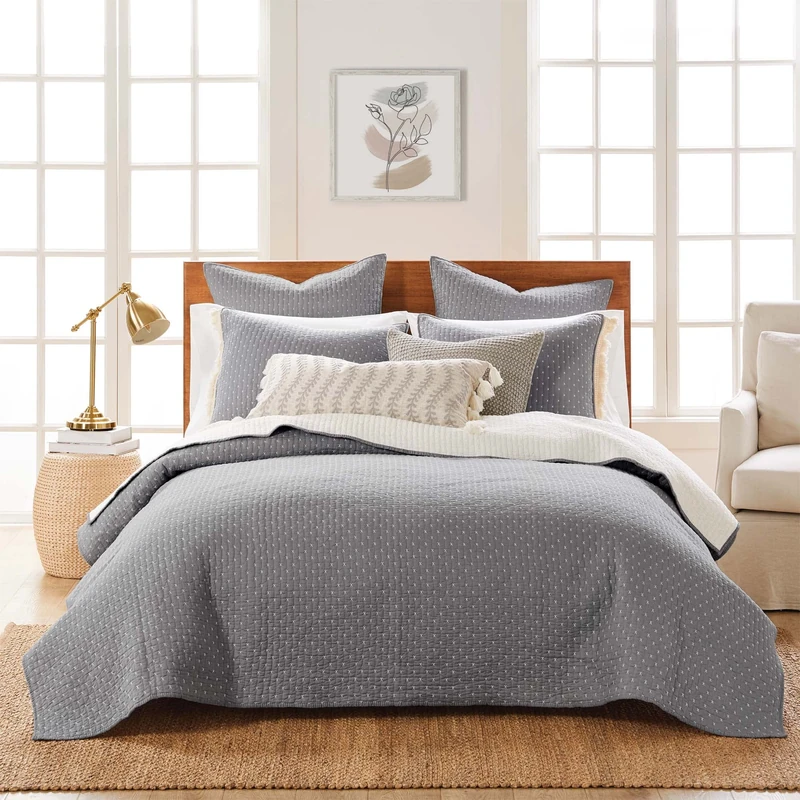 Levtex Home Cross Stitch Reversible King/Cal King Quilt Set (106x92in) and 2 Pillow Shams (36x20in) - Stitch Texture - Grey White - Cotton King Size Quilt Bedding Set - Lightweight Soft Pre-Washed