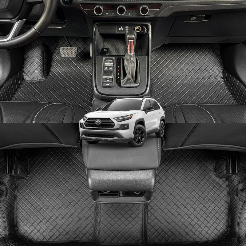 EKR Custom Floor Mats for Toyota RAV4 (Hybrid only) 2019-2025, Front & 2nd Row Luxury Car Floor Mat Fit RAV4 2019 2020 2021 2022 2023 2024 2025 - Leatherette (Black and Black Stitching)