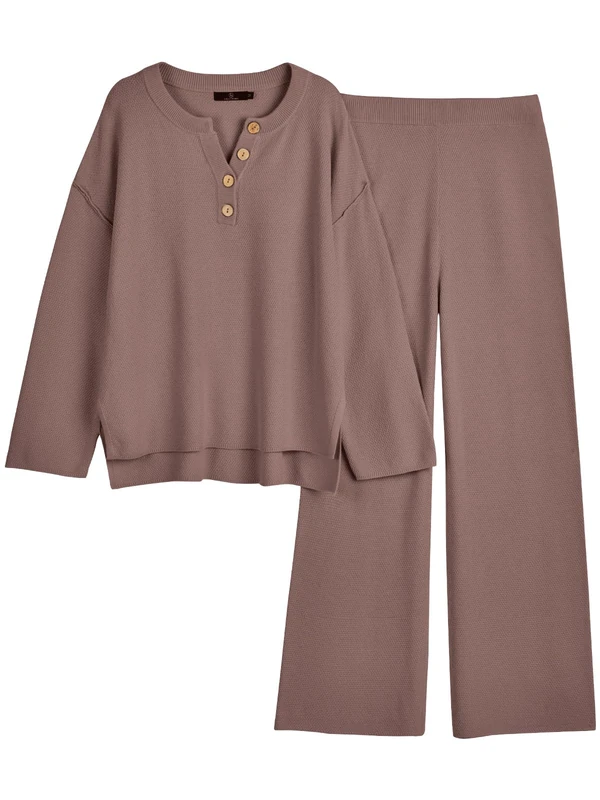 LILLUSORY Two Piece Outfits Fall Lounge Sets Matching Sets Sweatsuits Sweat Suits Cozy Knit Sweater Loungewear Set, Nutmeg, Small