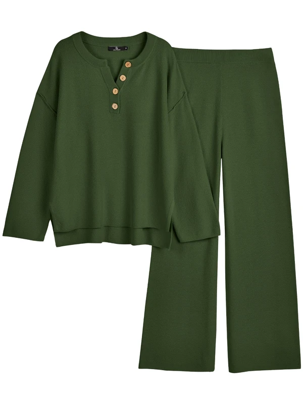 LILLUSORY Women's 2 Piece Lounge Sets Oversized Slouchy Matching Cozy Knit Sets, Armygreen, L