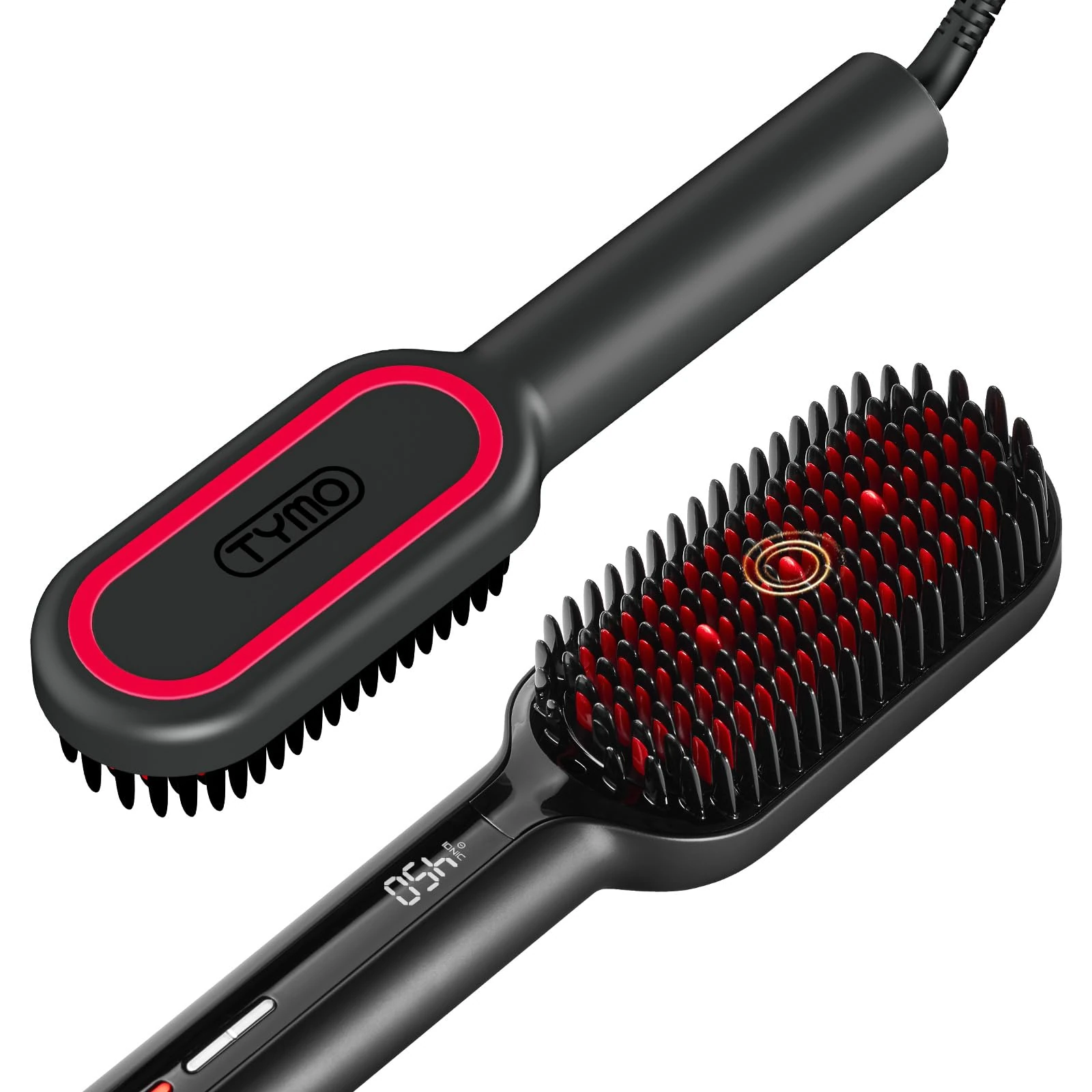 TYMO Ionic Plus Hair Straightener Brush UK, Upgraded Straightening Brush with Dense Bristles for Thick Hair, 16 Temps (80℃~230℃) LED Display, 10 Million ions, Dual Voltage, Hot Brush for Women (Black)