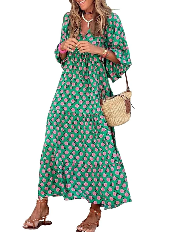 MIDUO Womens Loose Fit Casual Summer V Neck Half Sleeve Bohemian Geometric Pattern Maxi Long Dresses, A Green 002, S