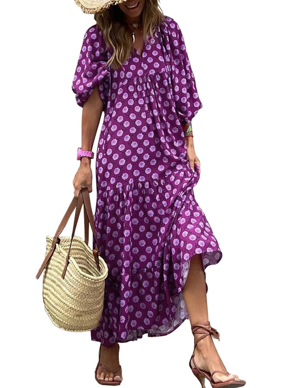 MIDUO Womens Loose Fit Casual Summer V Neck Half Sleeve Bohemian Geometric Pattern Maxi Long Dresses, A Purple, L
