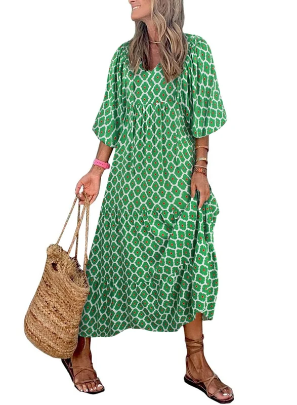 MIDUO Womens Loose Fit Casual Summer V Neck Half Sleeve Bohemian Geometric Pattern Maxi Long Dresses, A Green 001, L