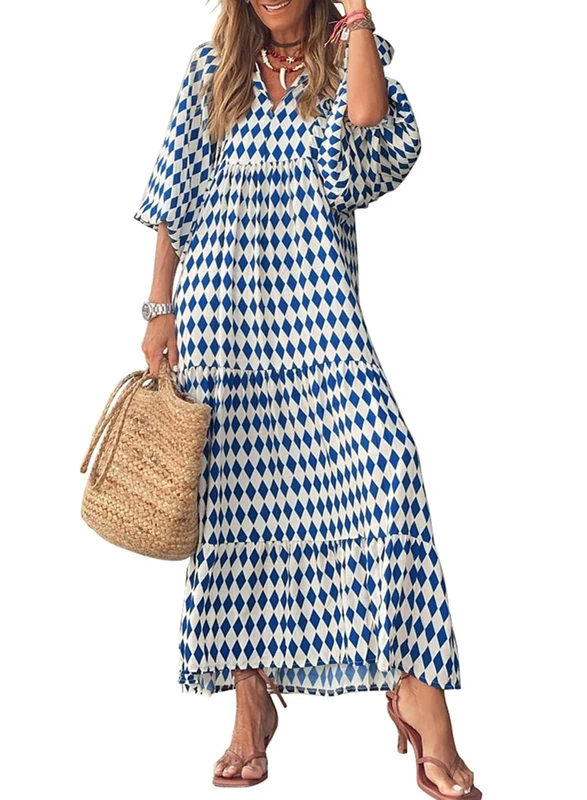 miduo Womens Loose Fit Casual Summer V Neck Half Sleeve Bohemian Geometric Pattern Maxi Long Dresses, A Blue, XL - Image 1