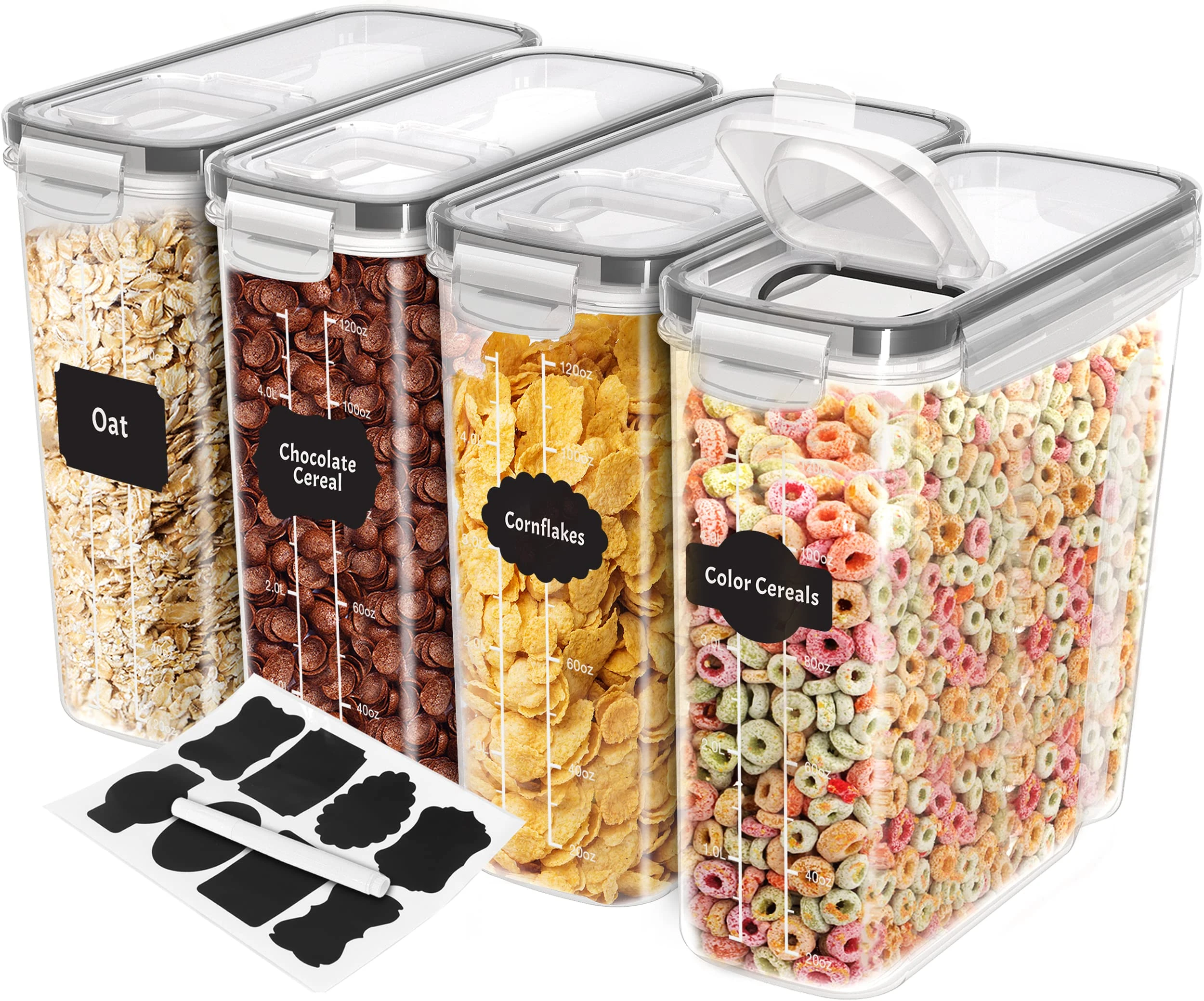 KICHLY Cereal & Dry Food Storage Container (Set of 4) – BPA Free Plastic – Airtight Kitchen Storage Containers – Cereal Dispenser for Kitchen & Pantry