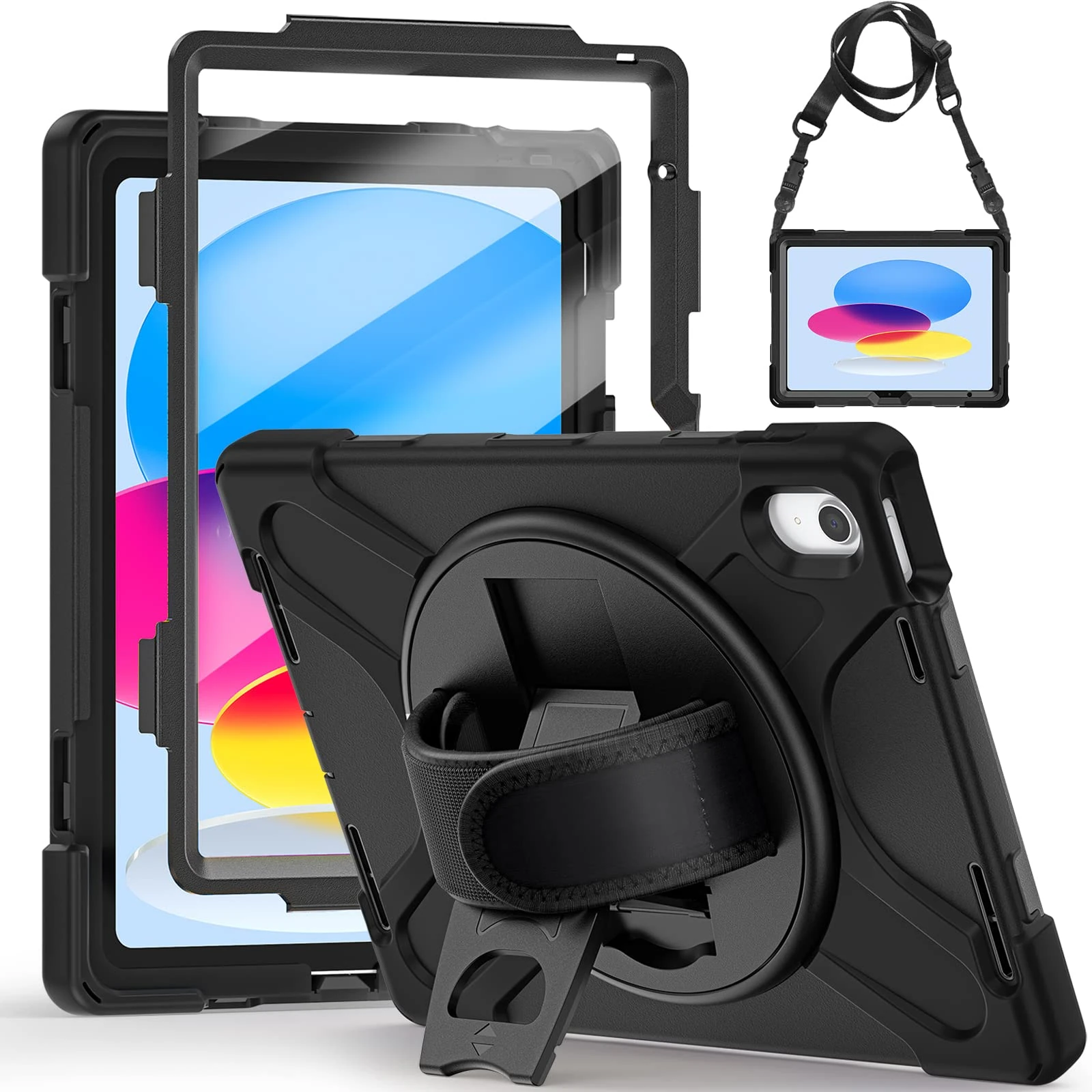 Gerutek Case for iPad (A16) 11th/10th Generation 2025/2022, Full body Shockproof Protective with Screen Protector, 360 Rotating Stand & Hand Strap, Shoulder Strap Rugged iPad A16/10th Gen Case,Black