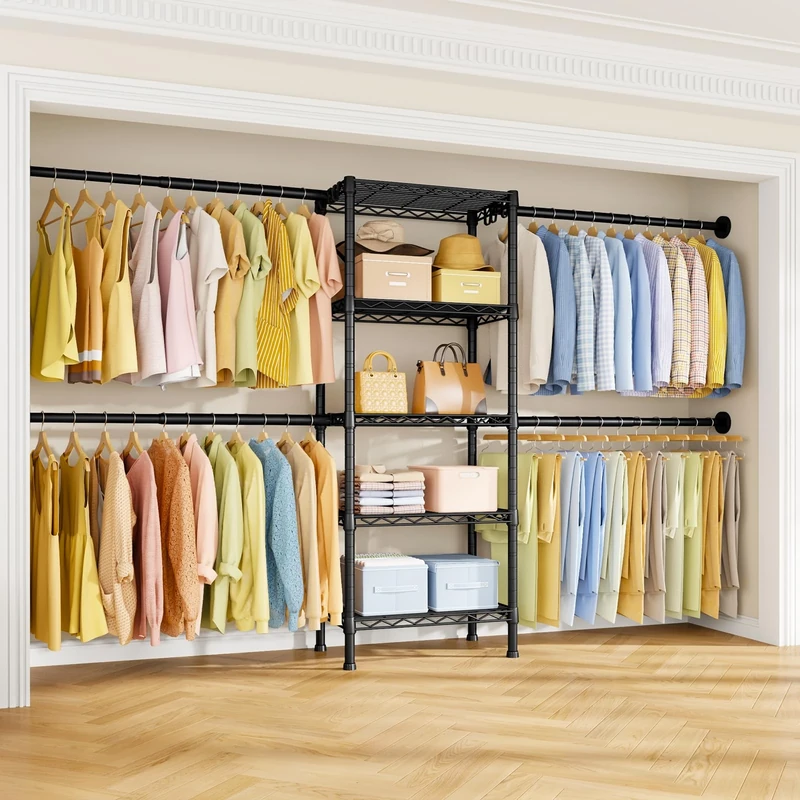 Ulif M2 Closet Organizer System, 5.9 Feet Height Mounted to the Wall Garment Rack with 4 Expandable Hanger Rods, 5 Shelves in 23.6" L x 14.5" W, Suit Total Space from 5.8-8.8 ft, Black