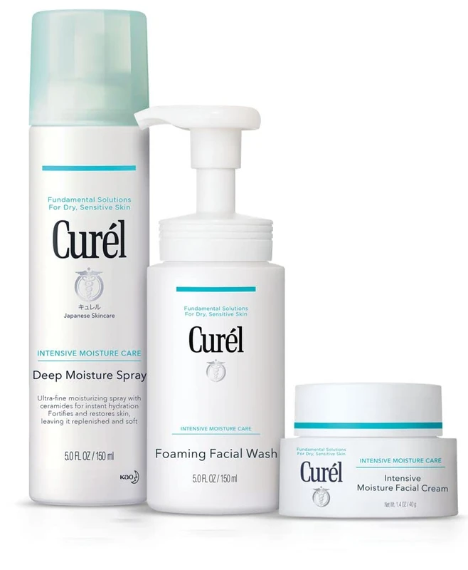 Curél Skincare Essentials Bundle for Dry, Sensitive Skin – Foaming Face Wash, Intensive Facial Cream Moisturiser & Deep Moisture Spray