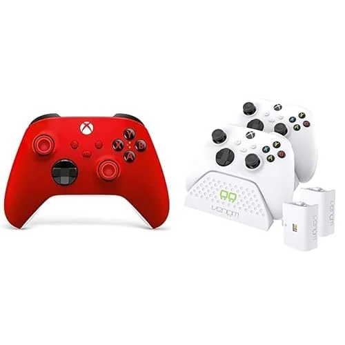 Xbox Wireless Controller - Pulse Red Series X+Venom Twin Charging Dock with 2 x Rechargeable Battery Packs - White Series X & S/One