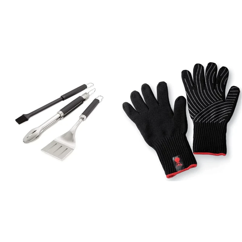 Weber Premium BBQ Tools Set - 3 Pcs | Stainless Steel Tongs, Spatula & Baster | Premium BBQ Gloves - Large/Extra Large | Heat Resistant Work Gloves