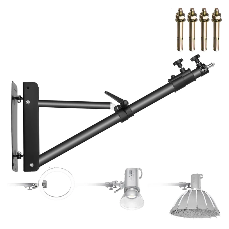 NEEWER Wall Mounted Boom Arm with Triangle Base for Photography Studio Video Strobe Light Monolight Softbox Umbrella Reflector, 180 Degree Rotation, Max Length 66.5 Inches/169 cm (Black)