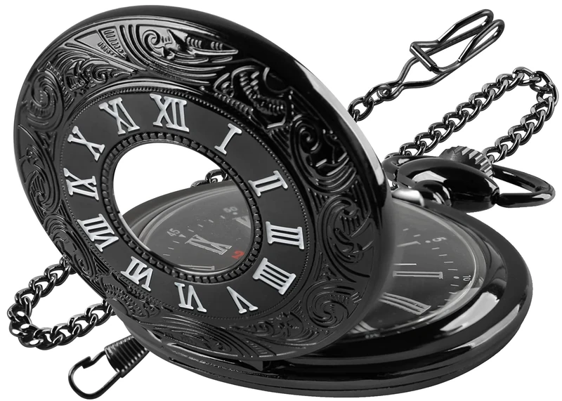 Tiong Black Hollow Men's Pocket Watch, Roman Digital Scale Men's Quartz Pocket Watches, Quartz Pocket Watch with Chain for Men