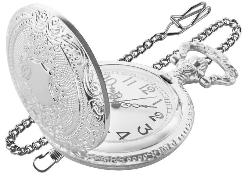 Tiong Sliver Shield Men's Pocket Watch, Arabic Numeral Digital Scale Quartz Pocket Watch, Men's Quartz Pocket Watches with Chain