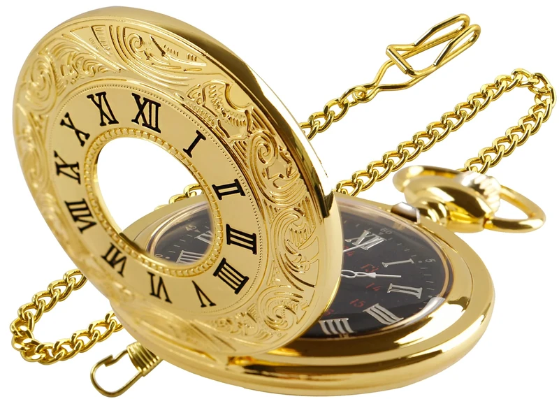 Tiong Gold Hollow Men's Quartz Pocket Watch with Chain, Roman Digital Scale Men's Quartz Pocket Watches