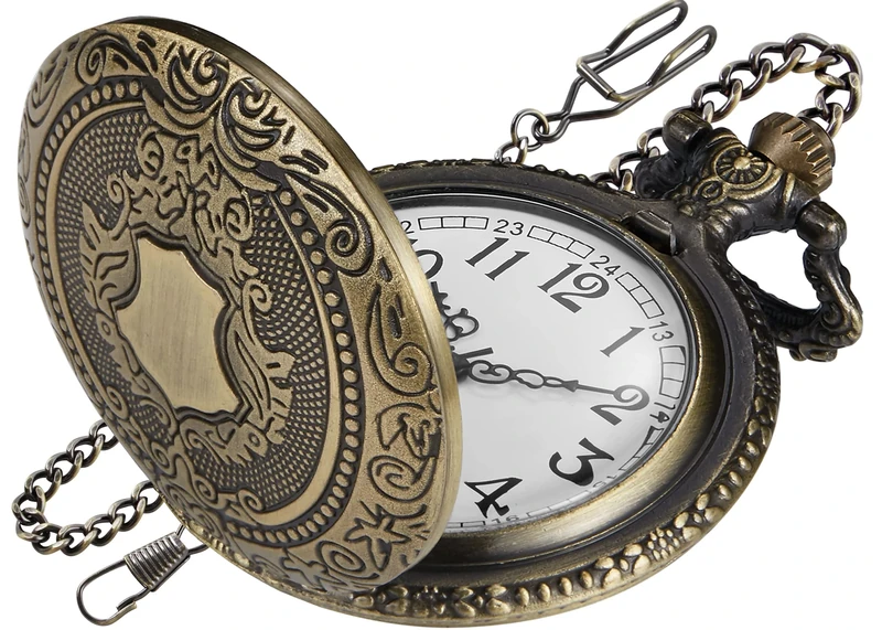 Tiong Bronze Shield Men's Quartz Pocket Watch with Chain
