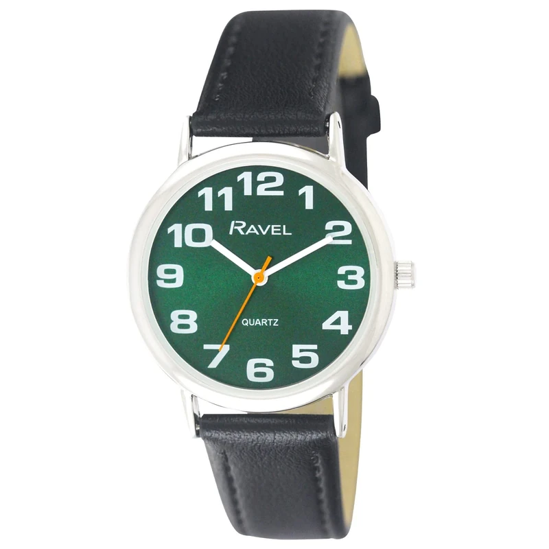 Ravel Women's Easy Read Watch - Big Numbers Green Dial Black Strap