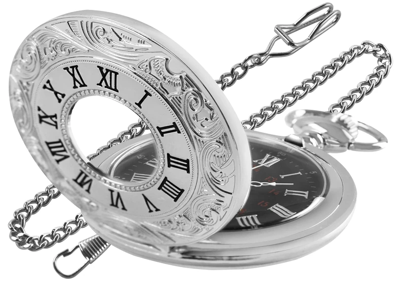 Tiong Sliver Hollow Men's Pocket Watch, Roman Digital Scale Men's Quartz Pocket Watches, Quartz Pocket Watch with Chain for Men