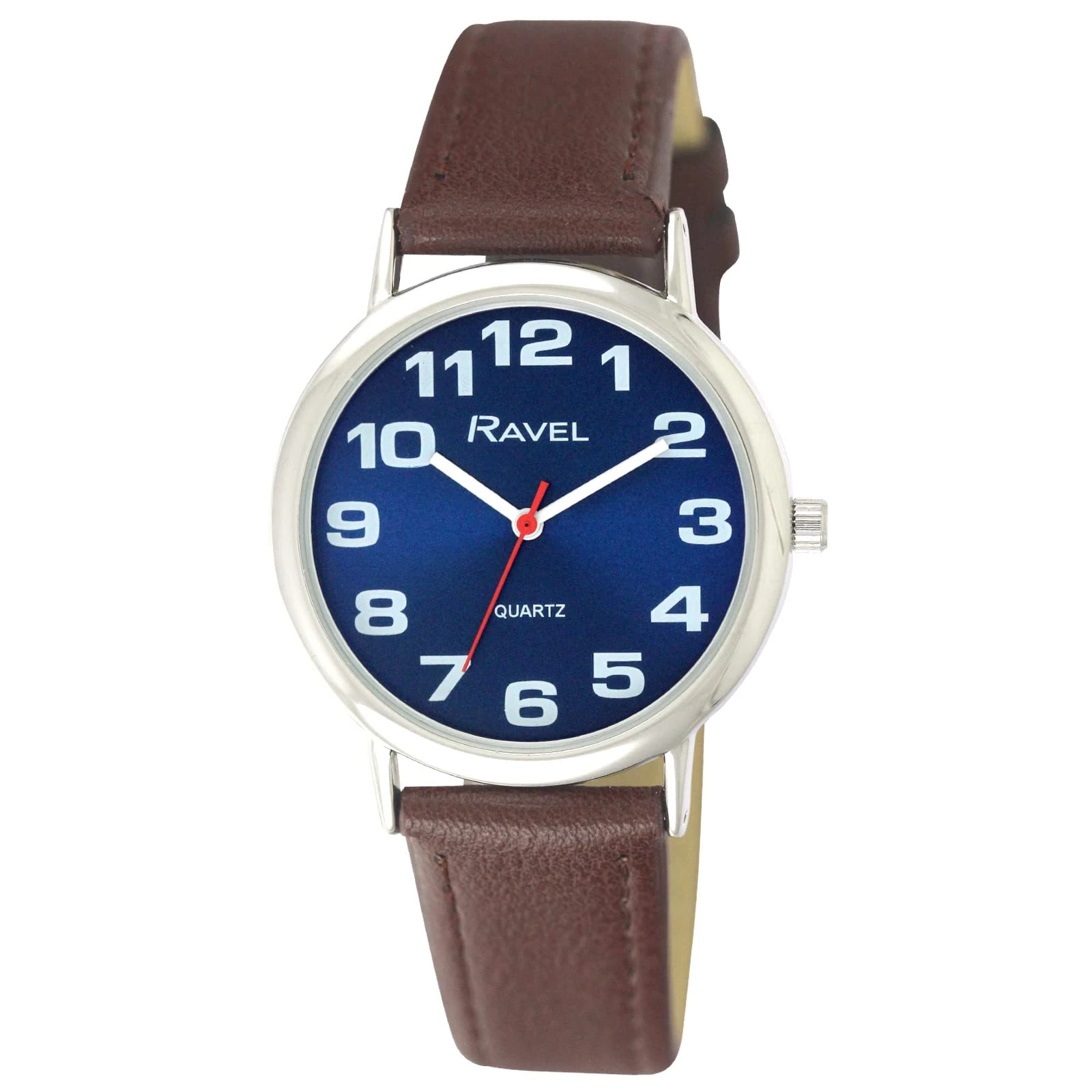 Ravel Unisex Easy Read Watch with Big Numbers - Brown/Silver Tone/Sunray Blue Dial