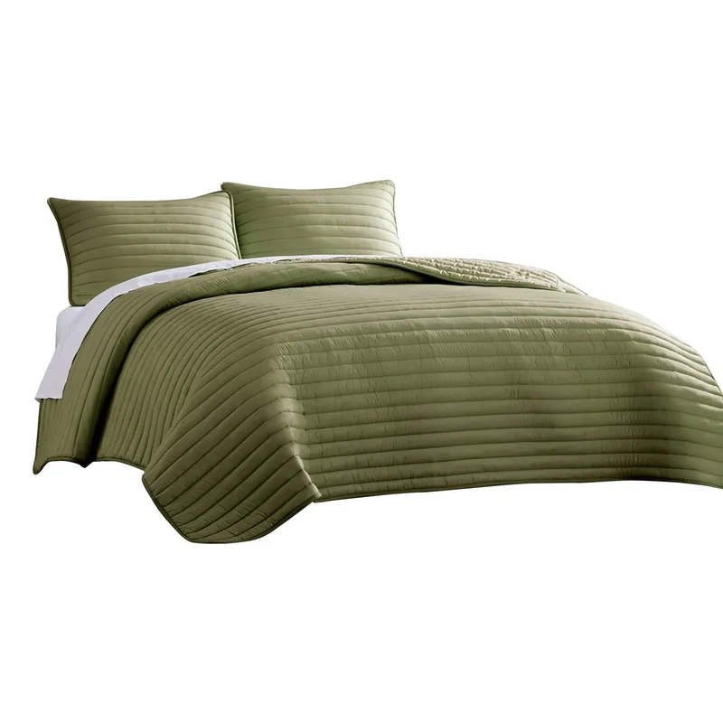 Benjara CABE 3 Piece Queen Comforter Set, Polyester Puffer Channel Quilted, Green - Image 1
