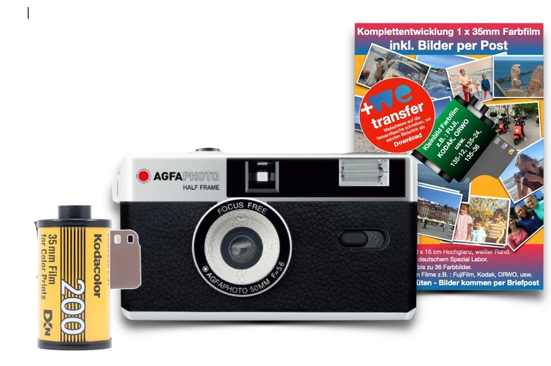 AgfaPhoto Analogue 35 mm 1/2 Format Photo Camera Black in Set with Colour Negative Film + Battery + Negative + Image Development by Post - Image 1