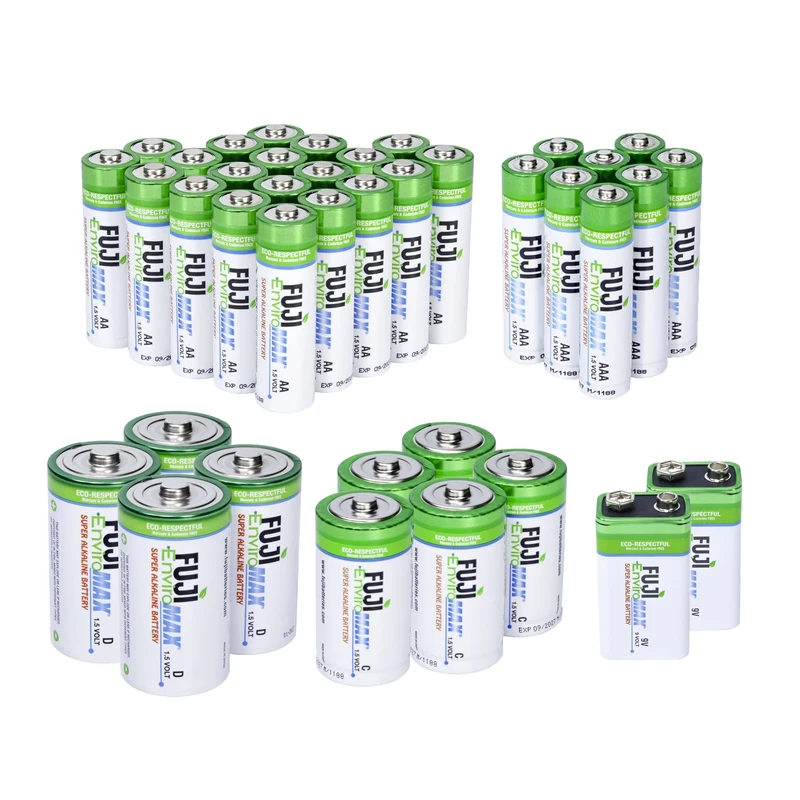 Fuji Enviromax Super Alkaline Batteries Combo Pack - Containing AA, AAA, C, D, 9V Batteries with Case - Long Lasting Battery Power with No Harmful PVC or Heavy Metals Used - Image 1