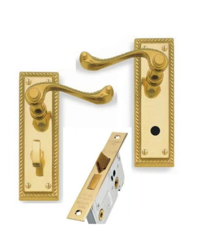 Golden Grace Georgian Lever Toilet Bathroom Lock Door Handles with 64 mm Mortise Bathroom Lock in Premium Polished Brass Finish