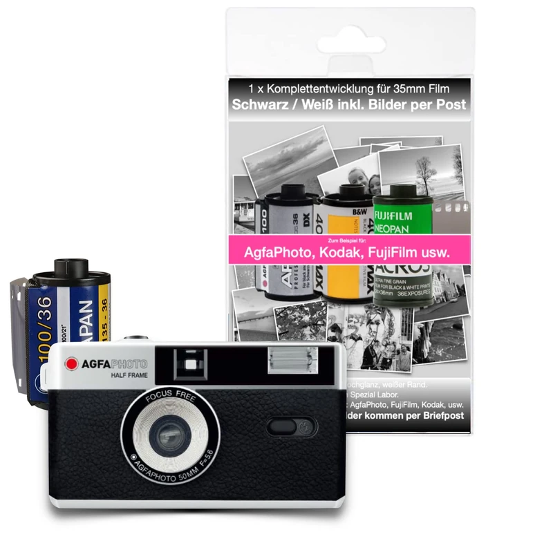 AgfaPhoto Analogue 35 mm 1/2 Format Photo Camera Black in Set with Black/White Negative Film + Battery + Negative + Image Development by Post - Image 1