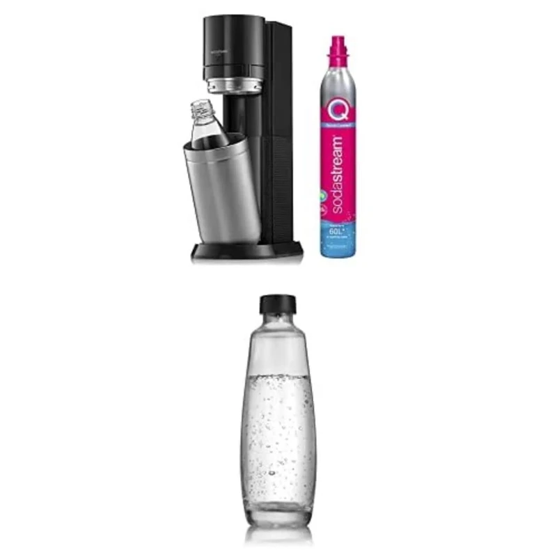 SodaStream Duo Sparkling Water Maker, 2x 1L BPA-Free Bottles, Retro Drinks Maker w. Glass Carafe & Co2 Gas Bottle - Black