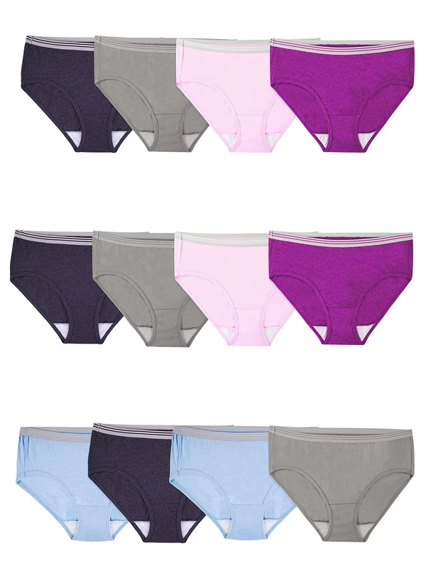 Fruit of the Loom Women's Eversoft Cotton Underwear Multipacks, Tag Free & Breathable, Available in Plus Size, Low Rise Brief-Grey/Pink/Blue, 8 (Pack of 12)