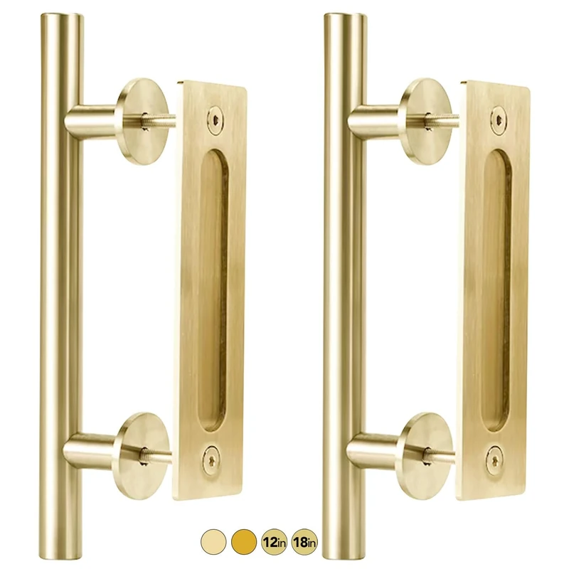 Rio Salto 12-Inch Brushed Brass Gold Barn Door Handle Kit, Closet Door Handle Stainless Steel, Pull Handle and Flush Handle Set, Heavy Duty Large Sliding Door Handles (2-Door Pack)
