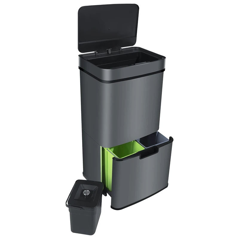 Ribelli Stainless Steel - Waste Separation Systems with 3+1 Compartments - Waste Bin with Sensor - 72 Litres (2 x 12 + 1 x 48 L) - Design Stainless Steel Pedal Bin - Grey