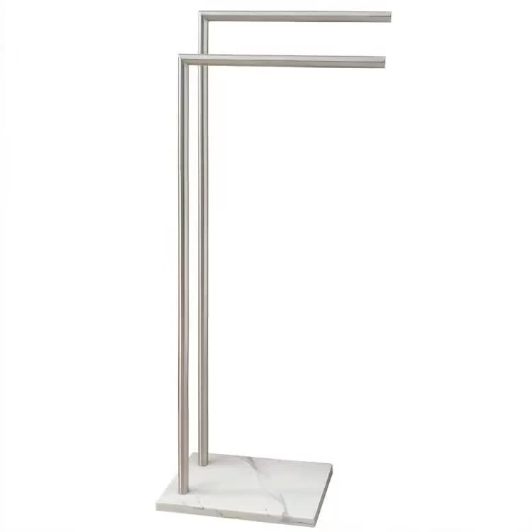 EADOT Standing Towel Rack Double-L Shape Bath Towel Sheet Holder with Marble Design Base for Bathroom Floor Next to Tub or Shower 2 Tier Towel Drying Rack Stainless Steel Brushed Nickel