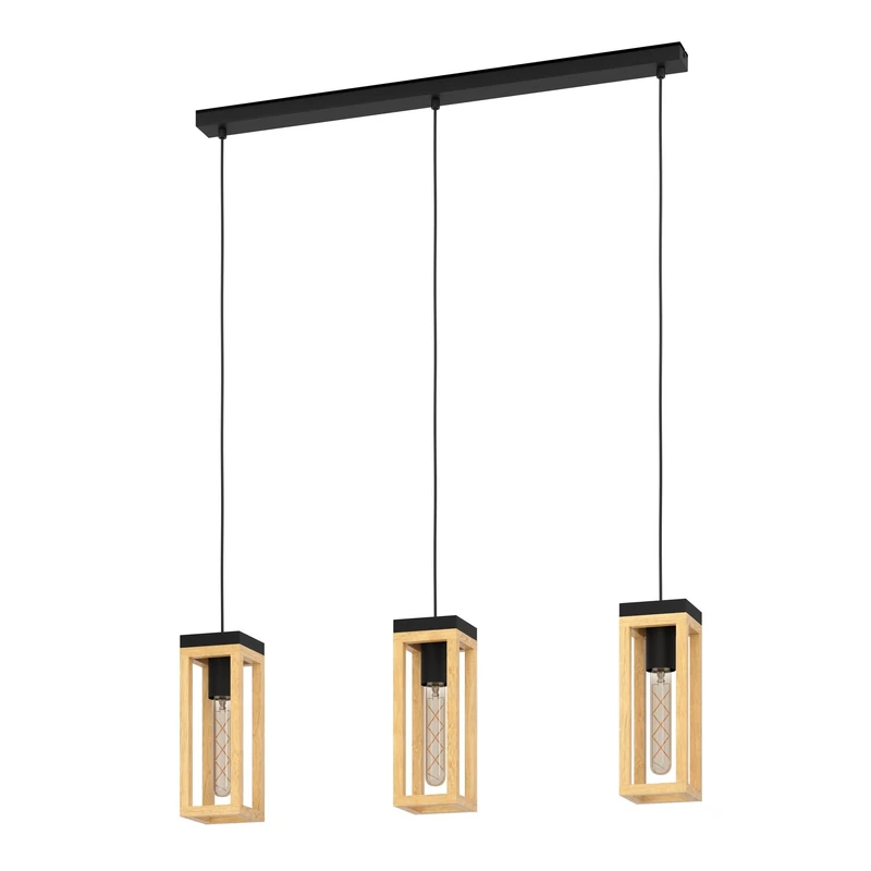 Eglo Pendant Lighting Nafferton, 3 lamp Ceiling Light Fitting, FSCM70HB, Hanging lamp for Dining and Living Room Made of Natural Wood and Black Metal, E27 Socket
