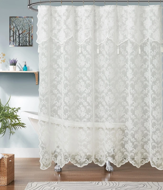 ASATEX Ivory Lace Shower Curtain. 72 x 84 Inches Classic Floral Design Bath Curtain with Attached Valance and Tassels. Affordable Shower Curtains Make Any Bathroom Look Upscale. MIS 72” x 84” Ivory
