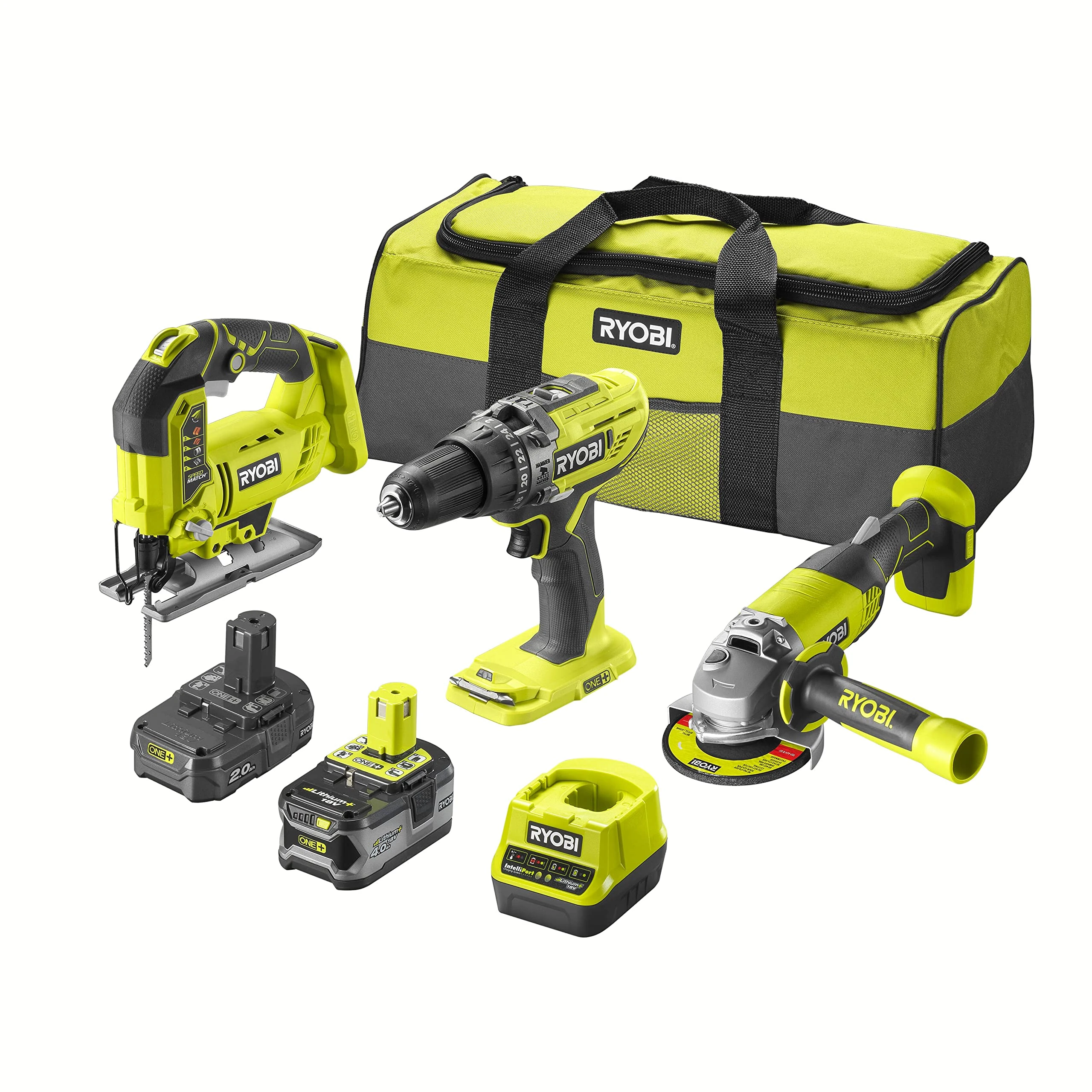 RYOBI - Trio ONE+ 18 V: Impact Drill + Jigsaw + Angle Grinder + 2 Batteries (2.0 Ah and 4.0 Ah) + Fast Charger - Comes in 1 Large Carrying Bag