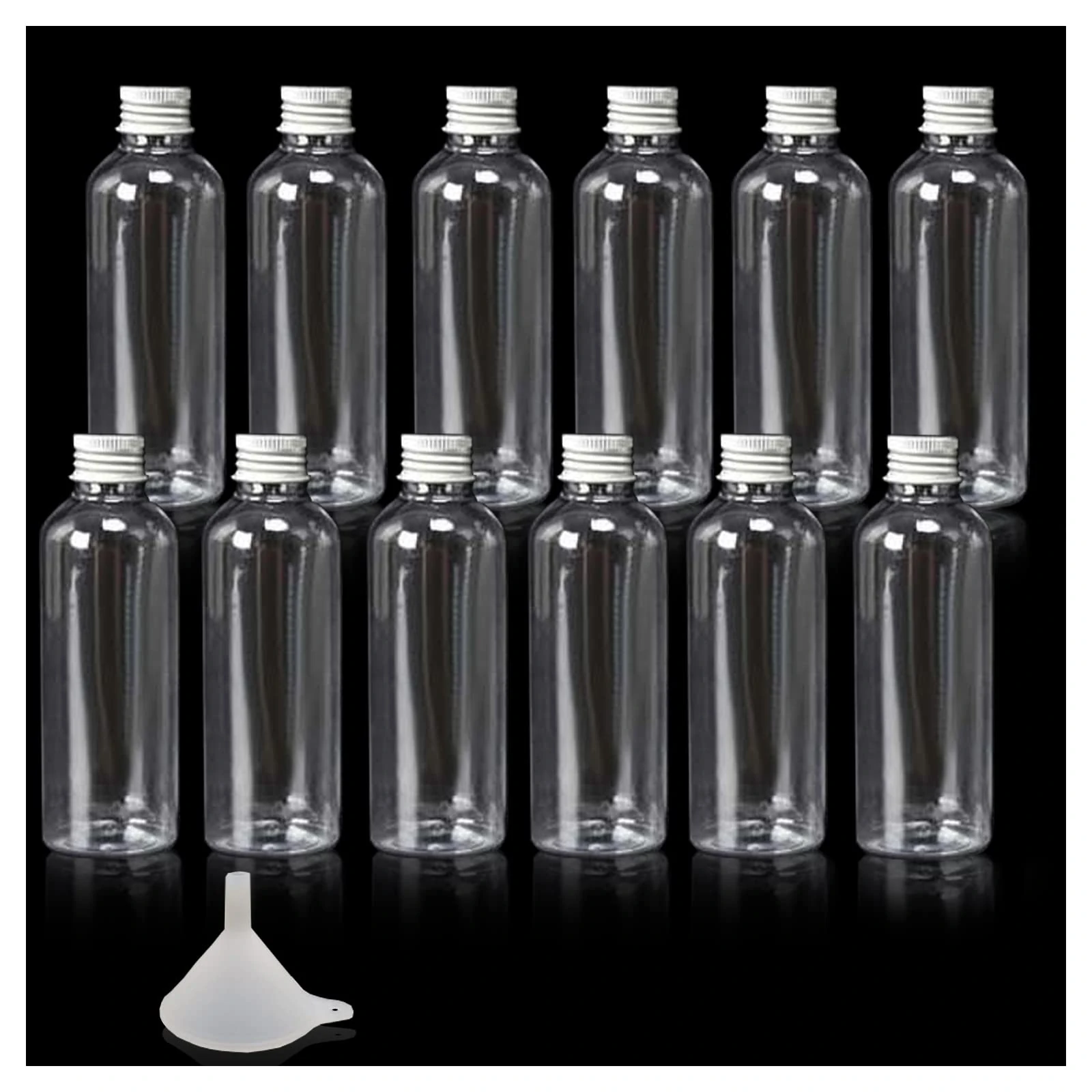 Kitnish Alcohol Bottles 60ml Plastic Bottles with Silver Screw Caps, Reusable Empty Bottles with Funnel, Parties & Wedding Small Favour Bottles (12PCS)